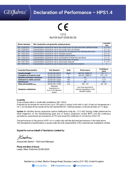 Declaration of Performance – HPS1.4 - CE