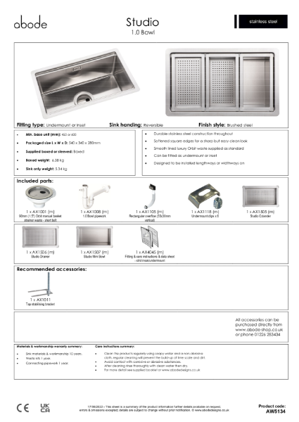 AW5134 Studio. Stainless Steel Compact Inset Sink - Consumer Specification