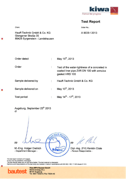 Cement-Coated Wall Sleeve - Test Report
