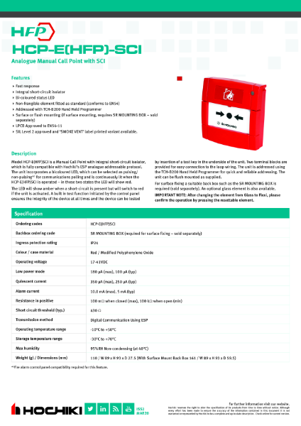 HCP-E(HFP)-SCI Analogue Manual Call Point with SCI