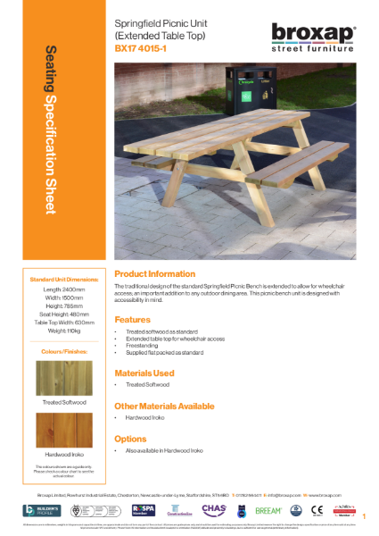 Springfield Picnic Bench (Extended Table Top) Specification Sheet