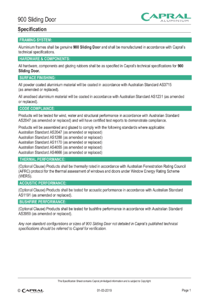 Specification 900 sliding door 1903
