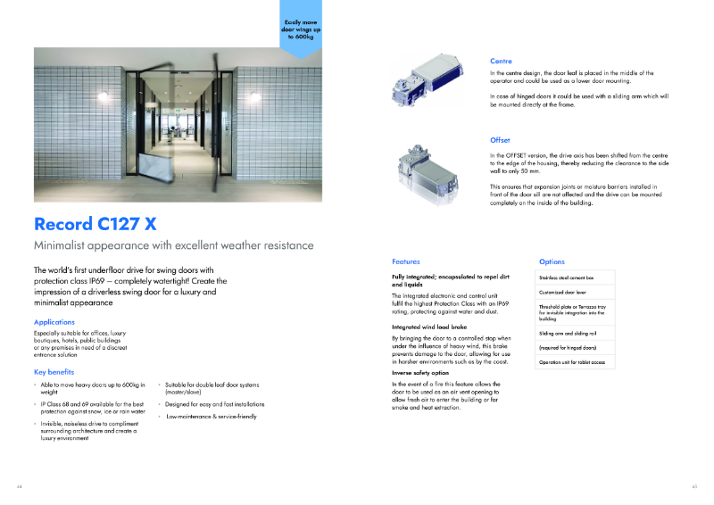 Record C 127 X Underfloor Swing Door Drive Datasheet