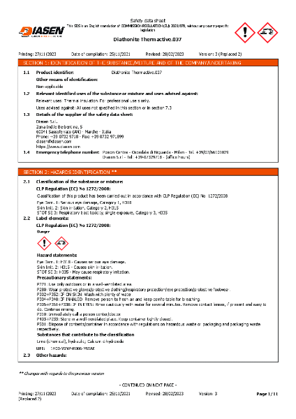 Diasen Diathonite Thermactive.037 Material Safety Datasheet