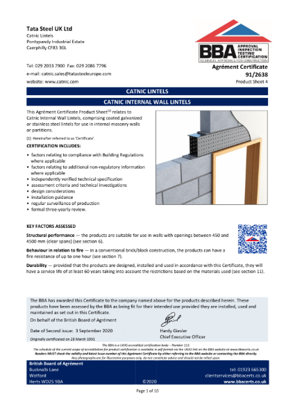 Catnic Internal Wall Lintel BBA Certification
