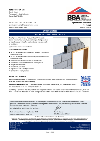 BBA Certification: Catnic Internal Wall Lintel