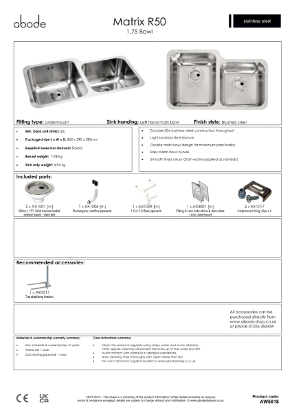 Matrix R50. Stainless Steel Sink, One and a Half Bowl (LH Main) - Consumer Spec