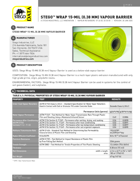 Stego Wrap 15-Mil Vapour Barrier Data Sheet