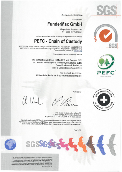 PEFC Certificate FunderMax | Fibreboards, Homogen, Star Favorit, HPL, Compact