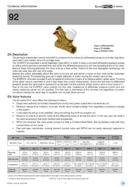 Pettinaroli PICV Dynasty 92 Valve Data Sheet