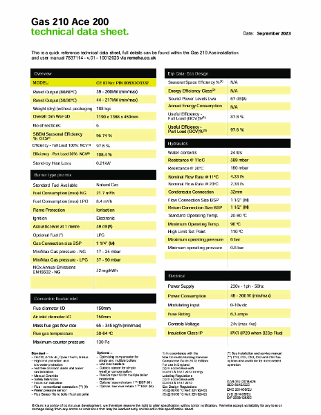 Remeha Gas 210 Ace 200 - Technical Data Sheet