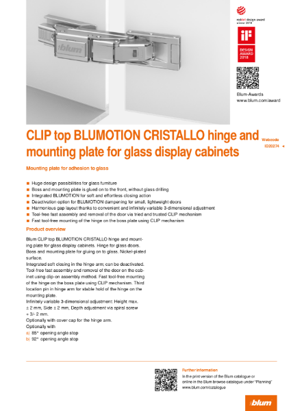 CLIP top BLUMOTION CRISTALLO Hinge for Glass Display Cabinets Specification Text