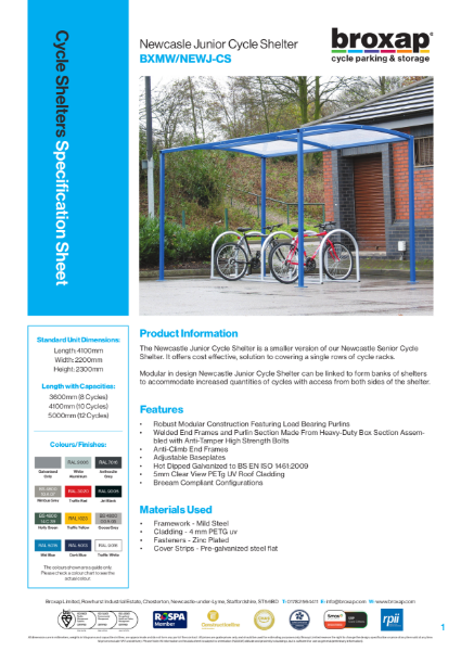 Newcastle Junior Cycle Shelter Specification Sheet
