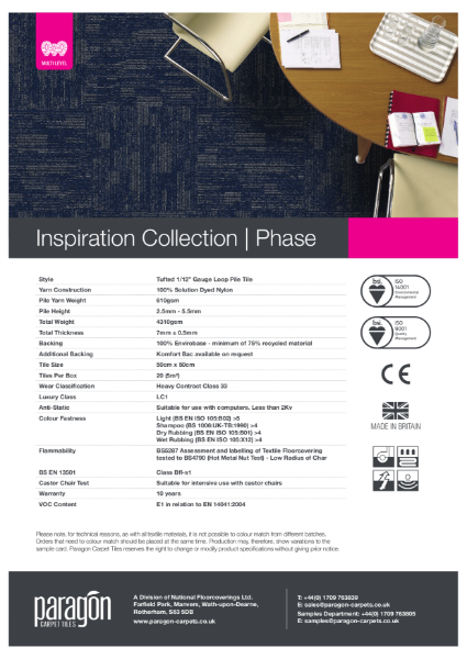 Paragon Carpet Tiles - Inspiration Collection - Phase - Specification Information