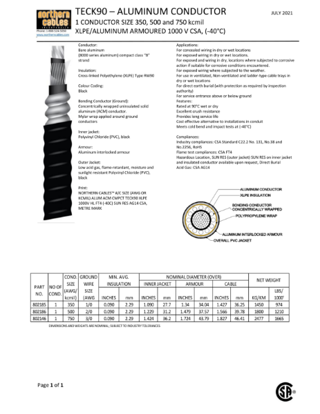 TECK90 Single Aluminum Conductor 1000 Volts