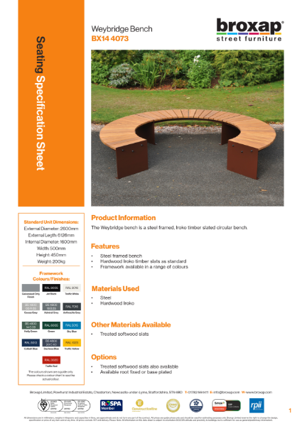 Weybridge Bench Specification Sheet