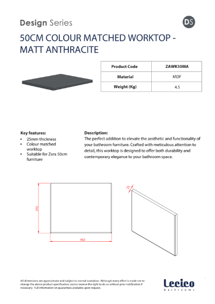 Zara 50 cm Width 18 mm Worktop - Matt Anthracite