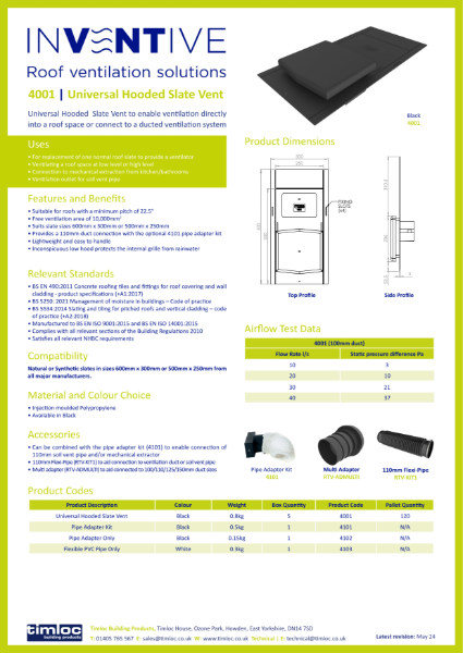 Timloc Building Products Universal Hooded Slate Vent 4001 Datasheet