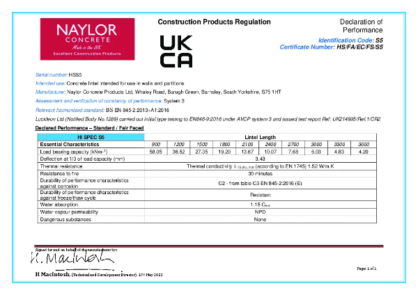 Hi-Spec S5 Concrete Lintel Declaration of Performance