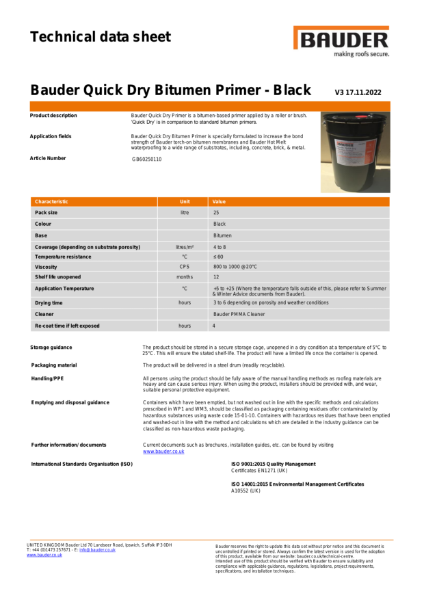 Bauder Quick Dry Bitumen Primer - Technical Data Sheet