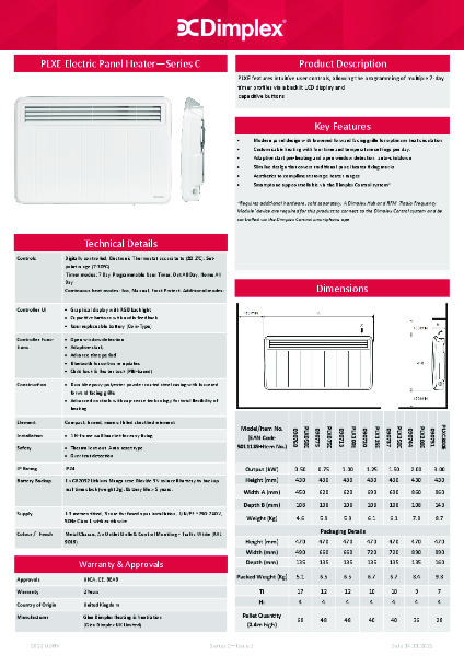 PLXE Series C Spec Sheet | Glen Dimplex Heating and Ventilation | NBS ...