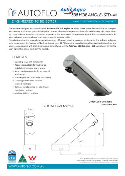 S38 Hob Angle - Std - M Product data sheet