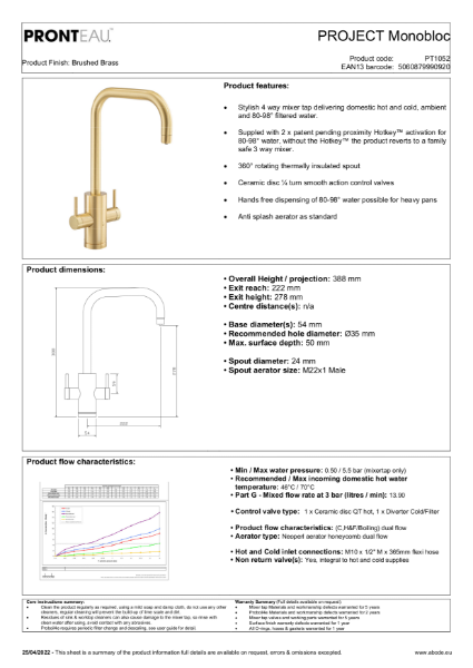 PT1052 Pronteau Project Monobloc (Brushed Brass), 4 IN 1 Steaming Hot Water Tap - Consumer Specification