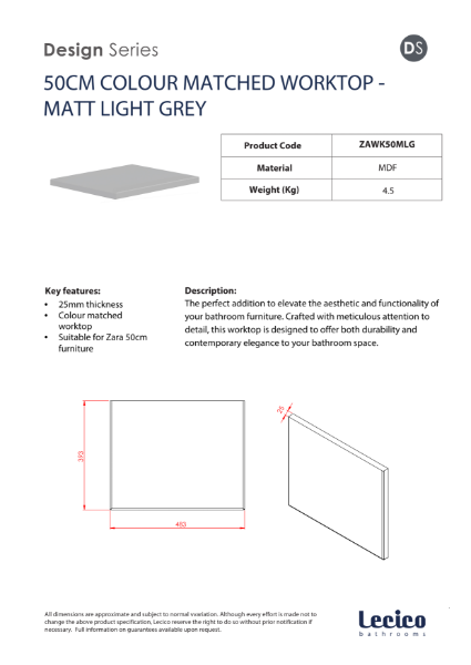 Zara 50 cm Width 18 mm Worktop - Matt Light Grey