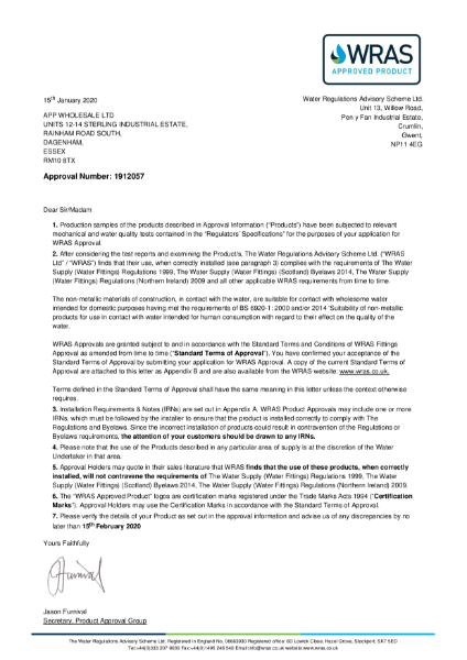 WRAS Approval Letter Approval Number: 1912057
