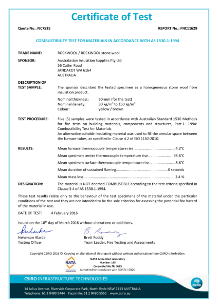 Combustibility Test for Materials in Accordance with AS 1530.1-1994