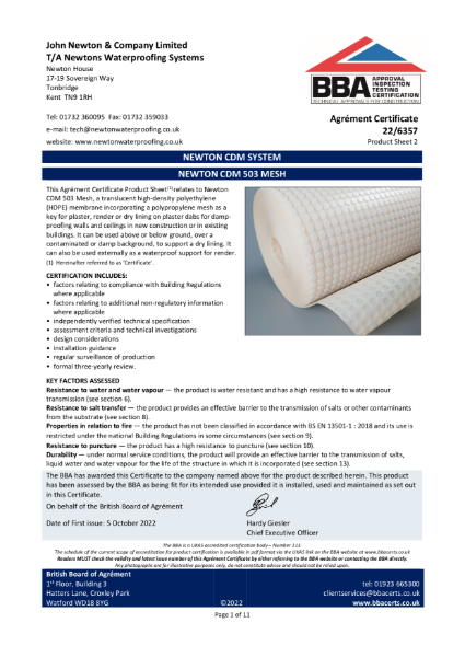 Agrement Certificate 22/6357 Product Sheet 2, Newton CDM 503 Mesh