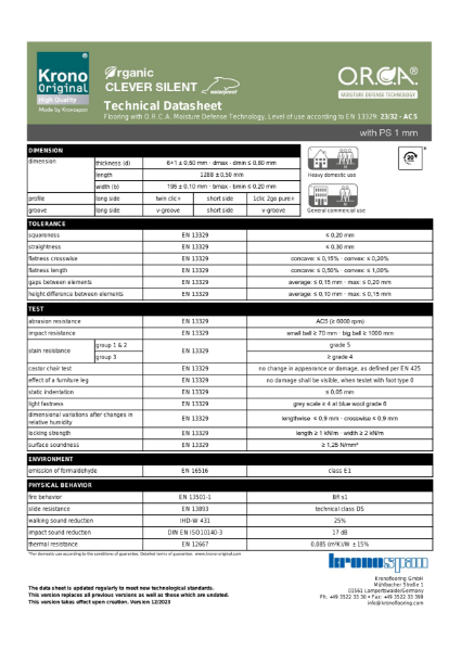 Krono Original Organic Clever Silent – Technical Data Sheet