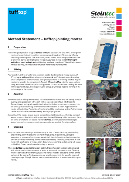 tufftop Type 40 jointing mortar method statement