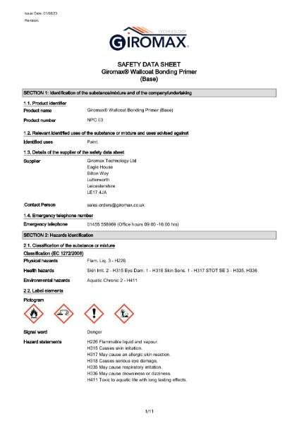 Giromax Wallcoat Bonding Primer (Base and Hardener) - Safety Data Sheet