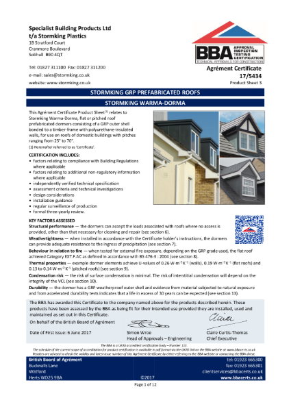 Stormking GRP Prefabricated Roofs, Stormking WARMADORMA - British Board of Agrément Certification