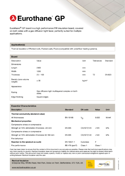 Eurothane GP floor, pitched roof and framed wall insulation technical datasheet