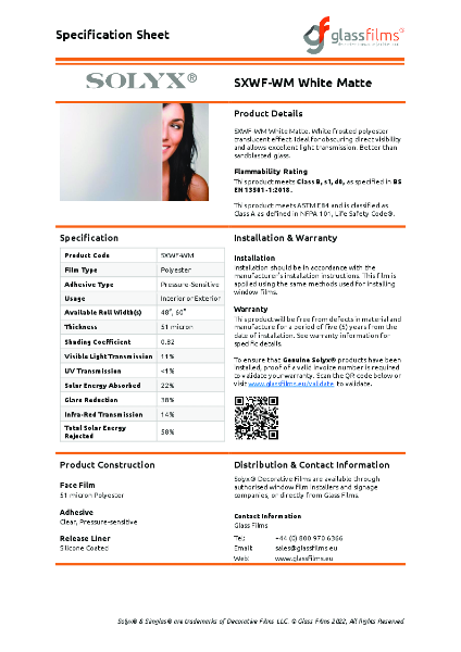 SXWF-WM White Matte Specification Sheet