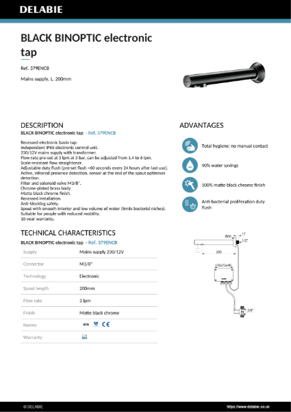 BLACK BINOPTIC 2 wall-mounted electronic tap Data Sheet