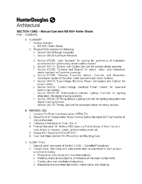 RB 500 Manual Roller Shade - Specification