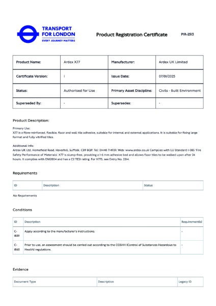 Transport For London Product Registration Certificate - ARDEX X 77