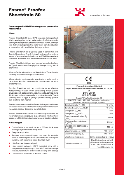 Proofex Sheetdrain 80 Technical Datasheet