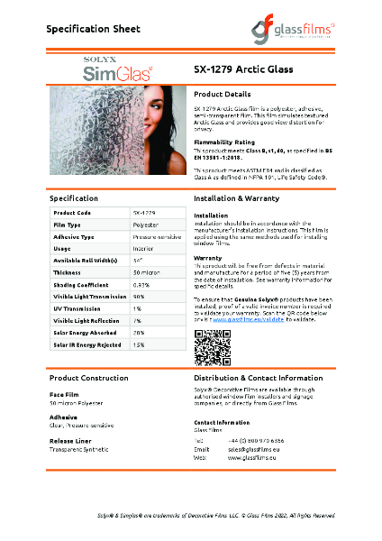 SX-1279 Arctic Glass Specification Sheet