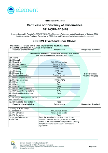 Certificate of Constancy of Performance (CDC924)