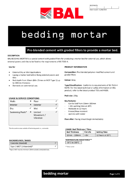 BAL Bedding Mortar - Technical Datasheet