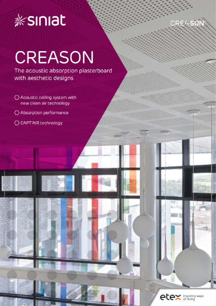 Siniat Creason: Sound-absorbing, perforated plasterboard for ceiling and wall applications.