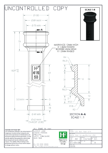 50mm (2") Plain LCC Soil Pipe Drawing