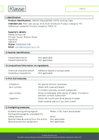 KB003 KlasseBOND UVFR Jointing Tape MSDS