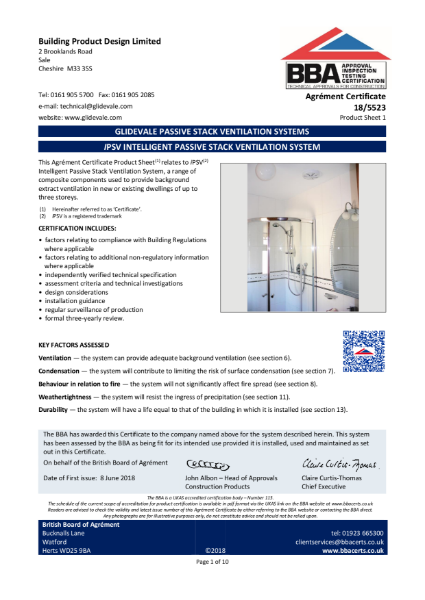 Glidevale iPSV Intelligent Passive Stack Ventilation System BBA Certificate