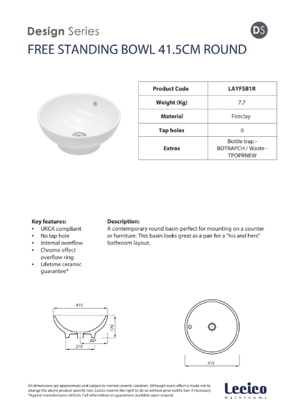 Layla Round Free Standing Bowl 415mm