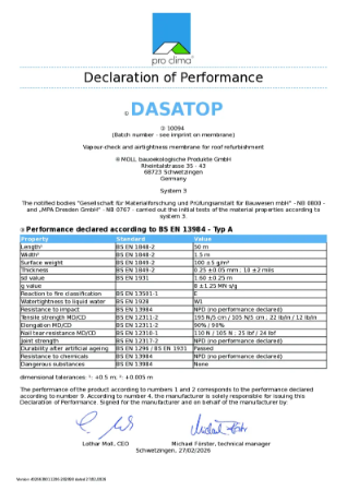 Dasatop Declaration of Performance (DOP)